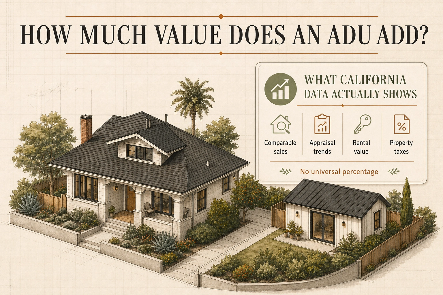 Illustration of a main home and detached ADU, highlighting comparable sales, appraisal trends, rental value and property taxes, with no universal value percentage.