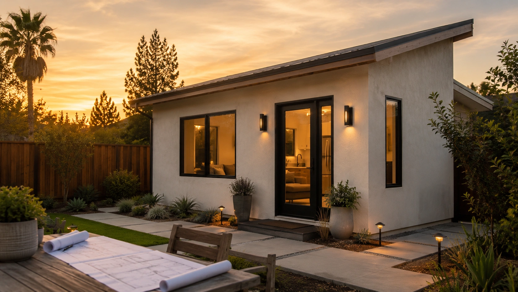 Modern California accessory dwelling unit exterior with architectural plans in the foreground