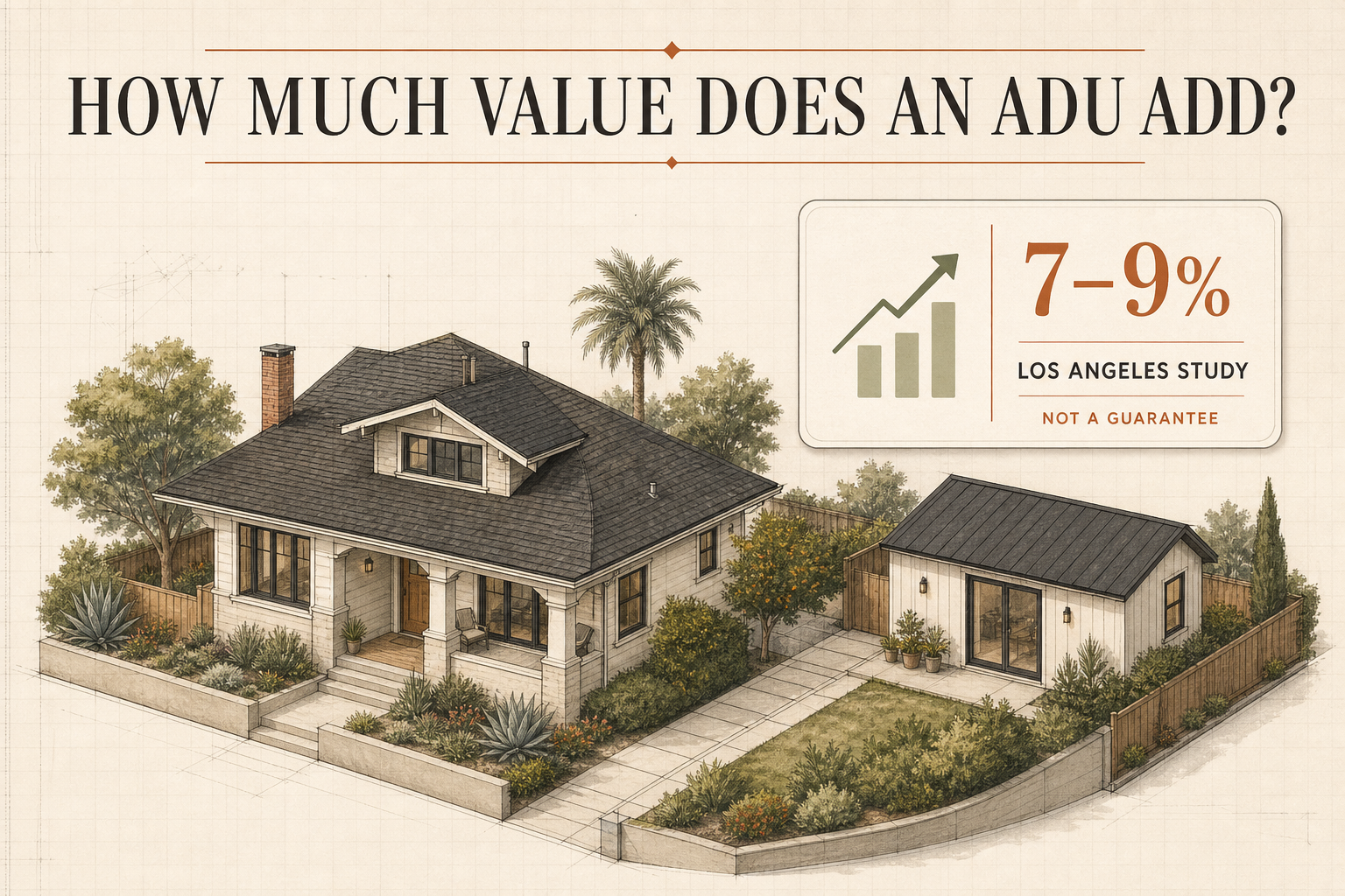 California home and detached ADU with a 7–9% Los Angeles property value study estimate
