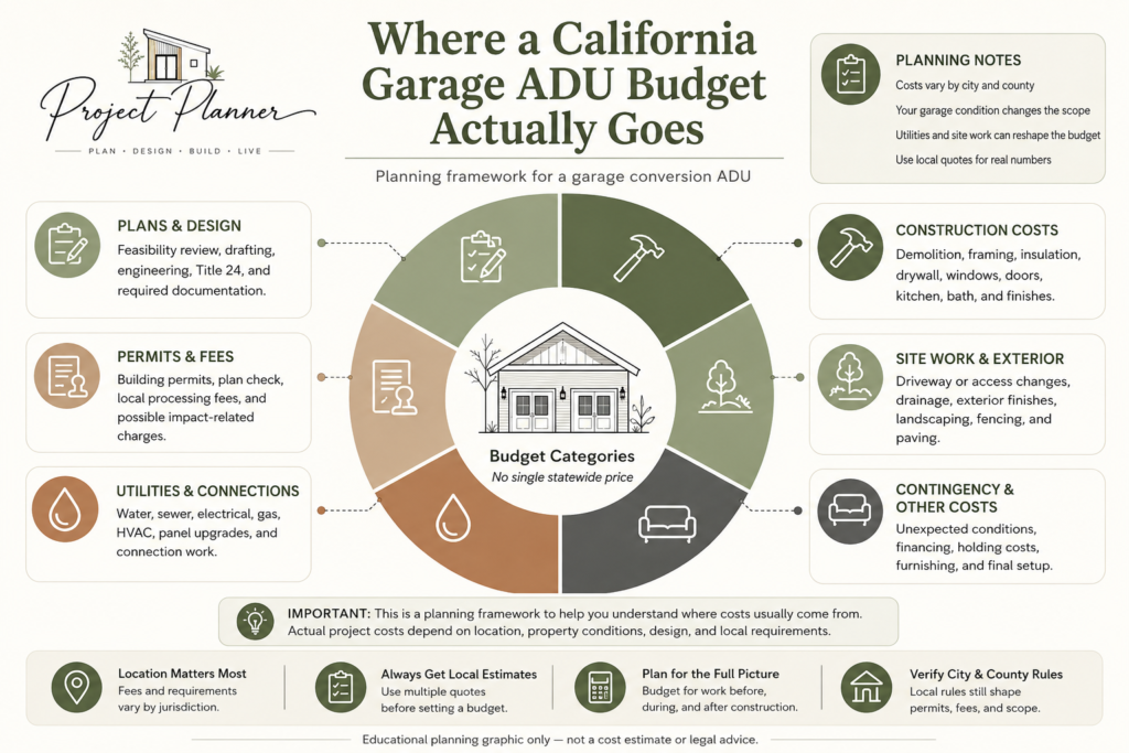 Where a California garage ADU budget goes, showing planning, permits, construction, utilities, site work and contingency categories