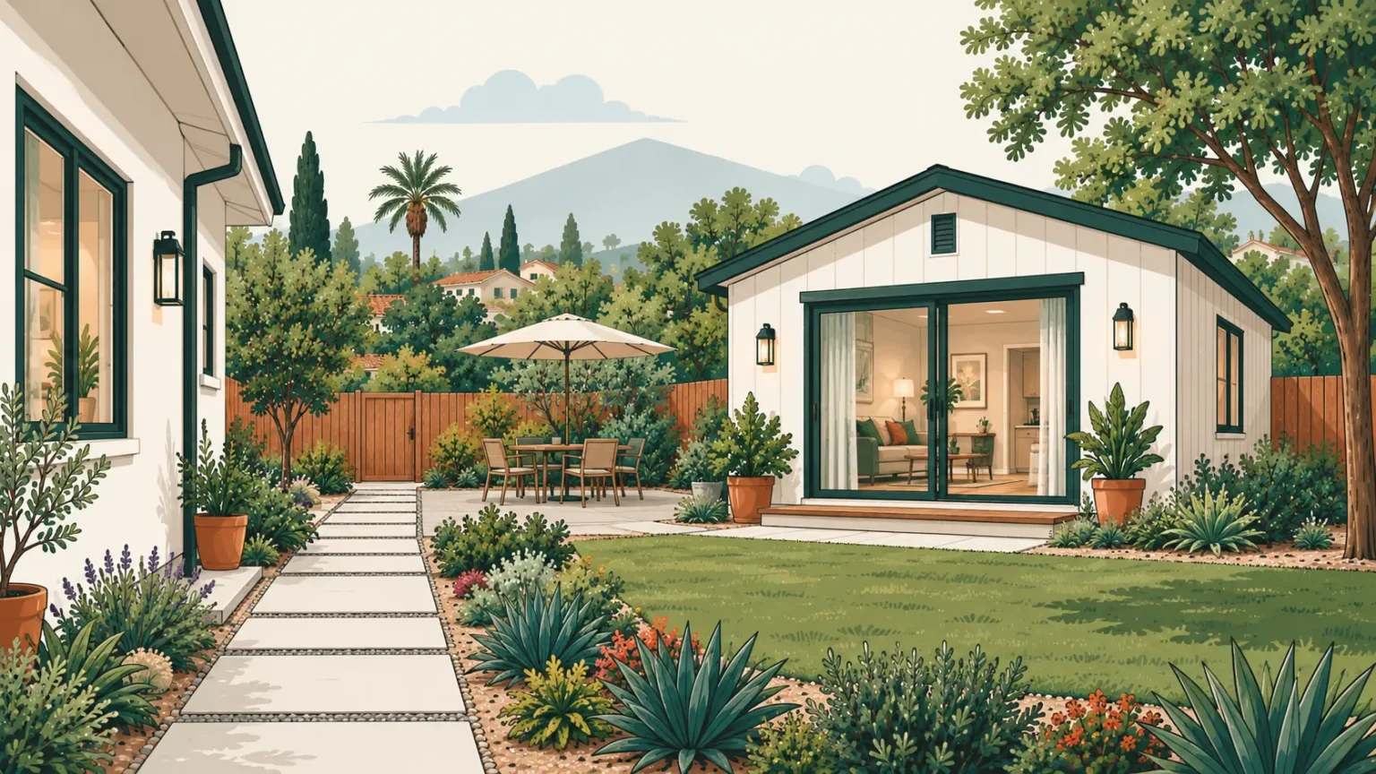 Comparison illustration showing detached, attached, garage conversion and interior conversion ADU configurations in California-style homes