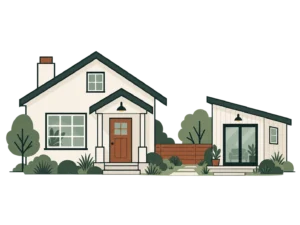 Illustration of a detached backyard accessory dwelling unit beside a primary home