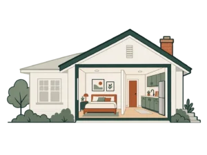 Cutaway illustration of an interior accessory dwelling unit conversion within an existing home