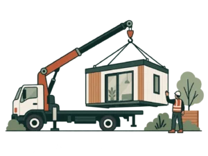 Illustration of a prefab modular accessory dwelling unit being placed by crane