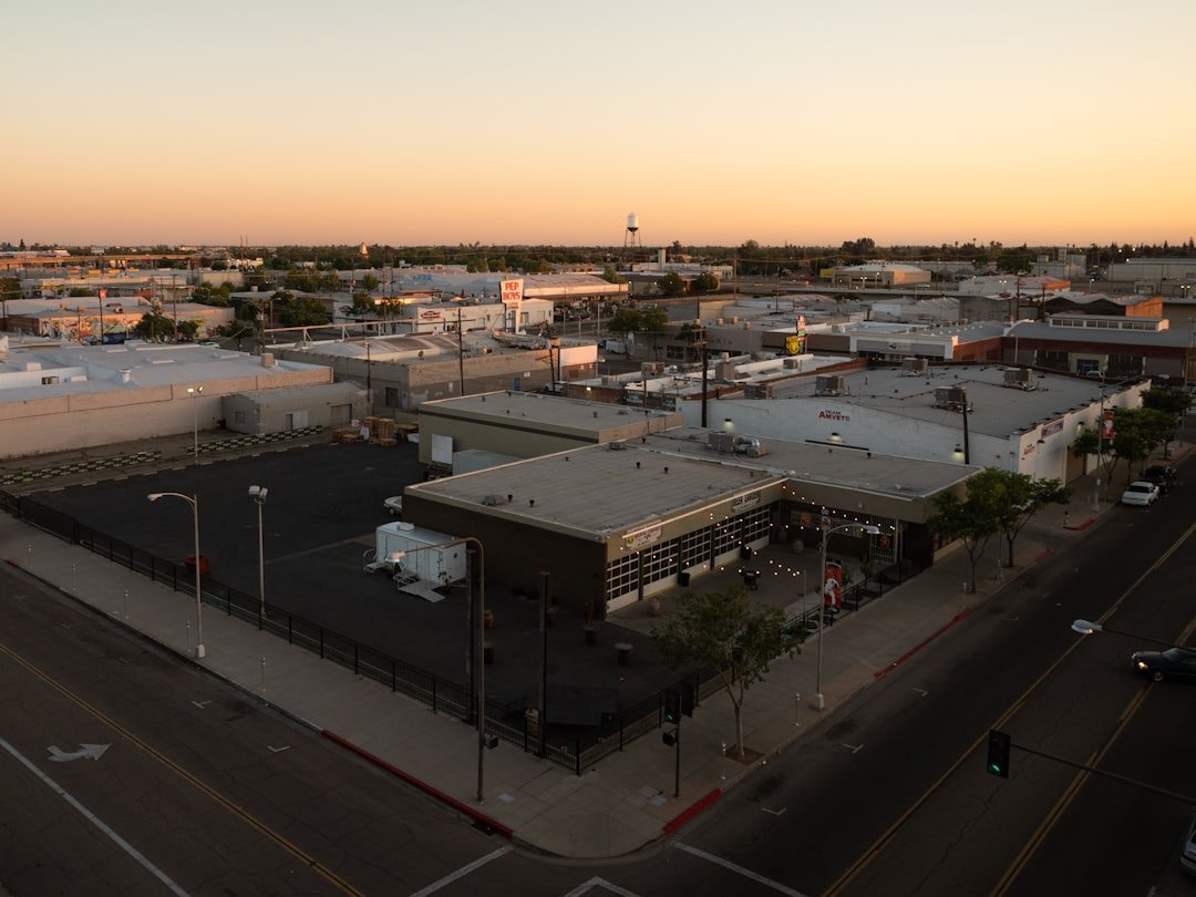 Aerial view of Fresno, California, residential neighborhoods at sunset