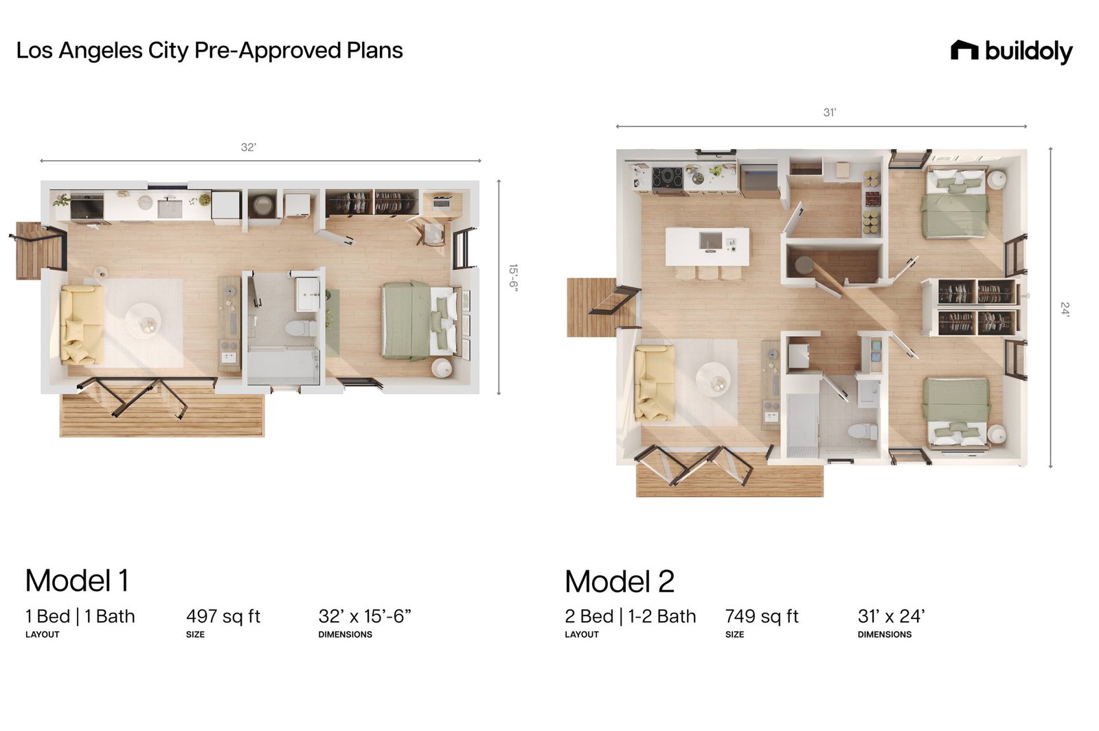 Los Angeles City pre-approved ADU plan examples showing one-bedroom and two-bedroom layouts