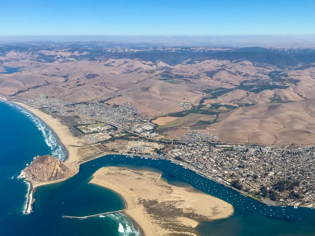 Aerial view of Morro Bay, California, showing the coastal community and Morro Rock