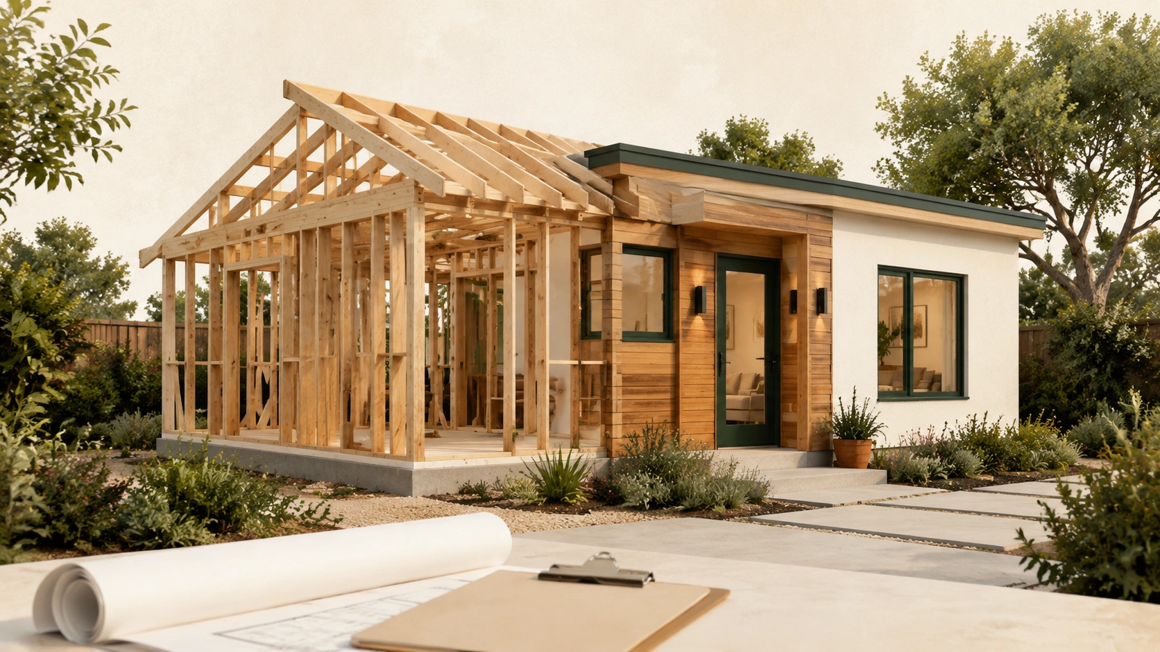 Conceptual illustration of a backyard ADU transitioning from timber framing to a finished home.
