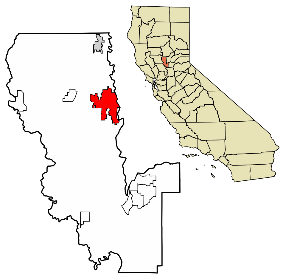 Locator map showing Yuba City highlighted within Sutter County and California