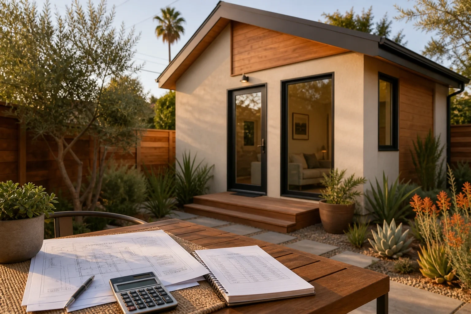 California backyard ADU with architectural plans, budget worksheet and calculator